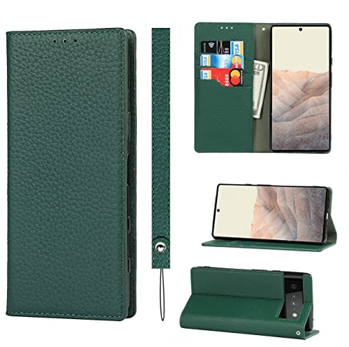 Copmob Coque Google Pixel 6,Cuir véritable Flip Portefeuille Étui en Cuir,[3 Fentes][Fermeture magnétique][RFID Blocker],Clapet Housse Etui Rabat pour Google Pixel 6 - Vert foncé