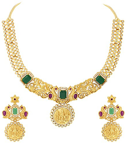 Aheli South Indian Traditional CZ Designer Necklace Earrings Bollywood Ethnic Wedding Jewelry Set Gift for Women CZ Red Green Lord Ram Sita Laxman & Peacock