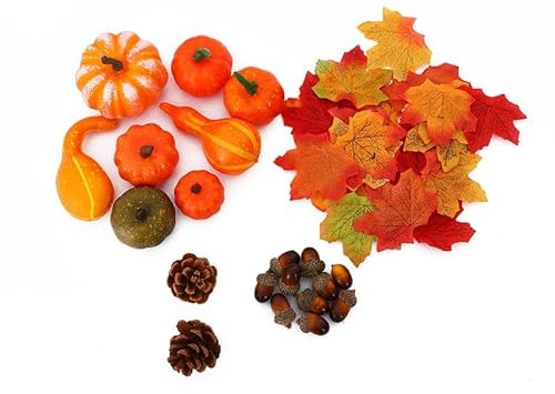 RUIYWEN Set de 50 piezas Decoraciones de Halloween Calabazas Artificiales Hojas de Arce Conos de Pino Bellotas Decoración de Otoño Acción de Gracias