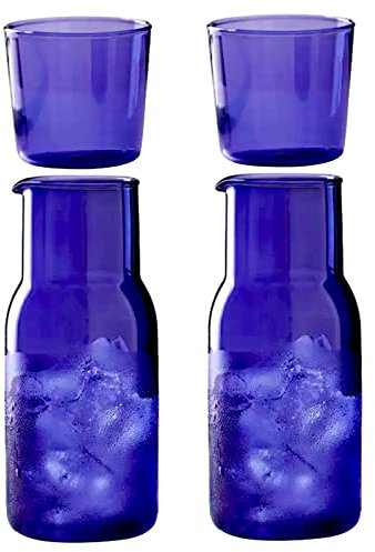 BestAlice Juego de 2 jarras de agua y vasos para mesita de noche, 17 onzas/500 ml, jarra de vidrio vintage con vaso, taza de agua de jugo de vidrio transparente para dormitorio, con bandeja y cubierta