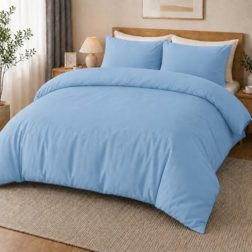 MOONLIGHT20015 Super King Duvet Set Premium Soft Light Blue Bedding Sets | Brushed Microfibre Quilt Cover with 2 Pillow Cases, Breathable Solid Bed Set Machine Washable – Homes and Hotels Quality