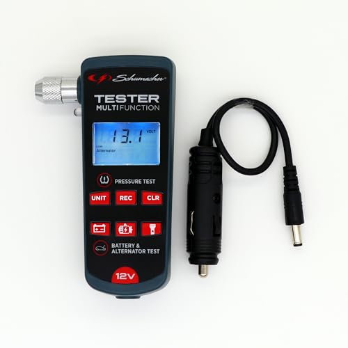 Schumacher Electric XP200 - Tester 3in1 12V Batteria, Alternatore, Pressione Gomme - Compatto, Portatile, Presa Auto - Torcia LED Integrata