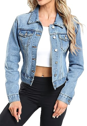 andy & natalie Jean Jacket Women Fashion Denim Jackets Long Sleeve Basic Button Down Cropped Jean Jacket with Pockets Blue #02 Medium