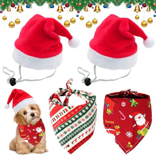 Scettar 2 Stücke Weihnachten Haustier Bandana Schal und 2 Stücke Weihnachtsmütze,Weihnachten Haustier Kostüm,Hund Halstuch für Kleine Mittelgroße Große Hunde Katzen