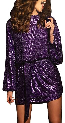 LOPILY Robe de soirée pour femme - Paillettes - Col en V profond - Beau décolleté élégant - Mini robe de cocktail élégante - Tenue de fête - Robe festive pour bureau, X3 violet, XXL