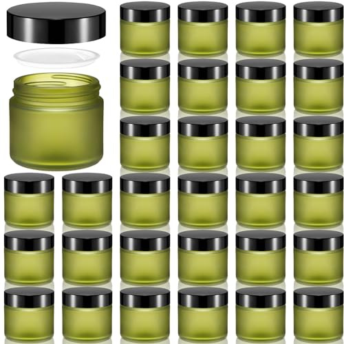 Domensi 32 Pcs 2 oz Glass Jars with Lids Travel Size Round Leakproof Empty Cosmetic Jars with Inner Liners Lid for Storing Makeup Lotions Face Cream Ointments DIY Making (Pea Green)