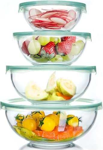 WhiteRhino Glass Mixing Bowl with Lids 4 Pack Large Salad Bowl Set Kitchen Nesting Bowls for Baking Cooking,Prep, BPA Free Plastic Lids,Food Grade Borosilicate Glass Bowl(950 * 1500 * 2400 * 3500ml)