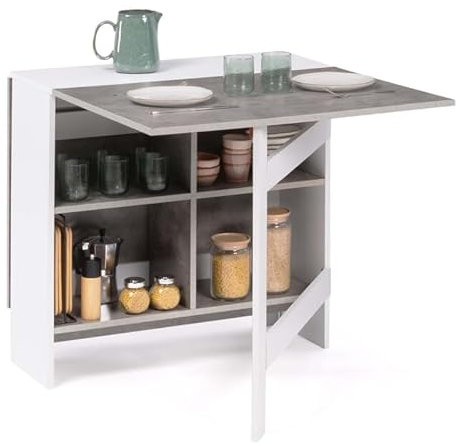 IDMarket - Konsolentisch, faltbar, EDI, 2-6 Personen, mit Aufbewahrung, weiß, Platte in Betonoptik, 150 x 80 cm