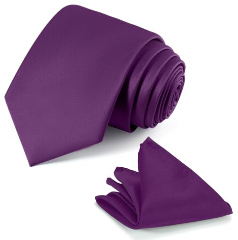 JUNMEISI Krawatten-Set für Herren, einfarbig, 8 cm, schwarze Krawatte und Einstecktuch, Schwarz, Dunkles Violett, Medium