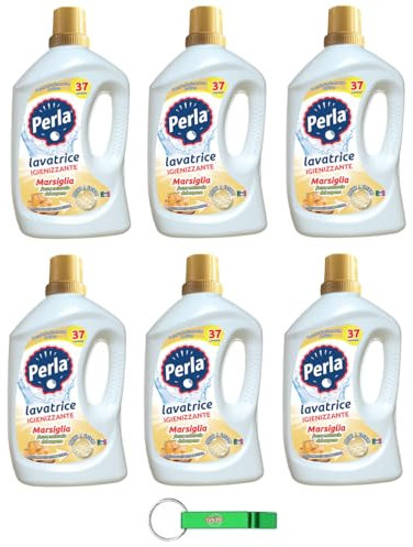 6 x Perla Detersivo Lavatrice Marsiglia Detersivo Liquido Per Bucato - Detersivo Liquido Detersivo per Lavatrici Marsiglia 37 lavaggi - 1850ml + Beni Culinari Portachiavi Gratis