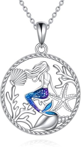 YFN Meerjungfrau Halskette Blau Meerjungfrau Seestern Anhänger Halskette 925 Sterling Silber mit Tropfer Anhänger Halskette Schmuck Geschenke für Frauen Mädchen, Sterling Silber, Kein Edelstein