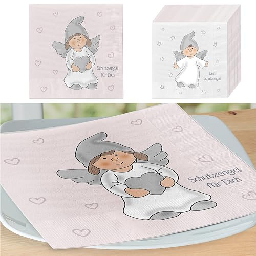 Servietten 'Schutzengel' 80er Set | 33x33cm 3-lagig grau rosa Papierserviette | Serviette mit zwei Engel-Motiven (1 x 80er Set Servietten Schutzengel)