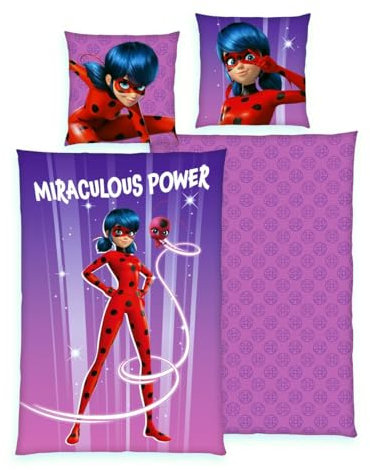 Herding Renforcé Wende Bettwäsche 2 TLG. 135x200cm Miraculous Power Ladybug Cat Noir Tikki Lila Knopfleiste