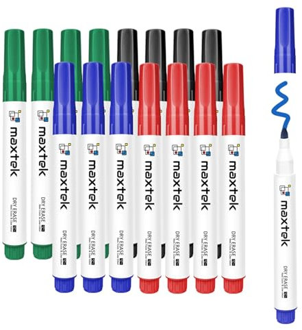 maxtek Whiteboard Markers Bullet Tip, 16 Count Assorted 4 Colors Dry Wipe Pens for White Board Flip Chart, 2mm Lines Low Odor Whiteboard Pens, White Board Markers Erasable for School Office Home