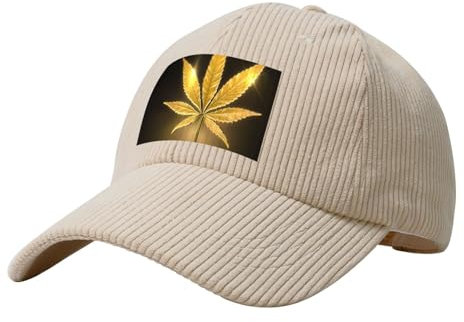 QGWDYYJQ Baseballkappe mit goldenem Cannabis-Druck, Kordsamt, modisch, gebogene Krempe, beige, 5-7