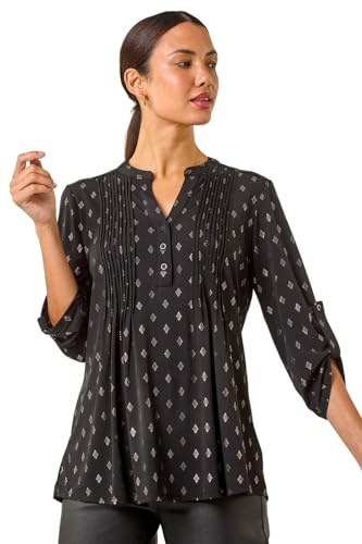 Roman Originals Pintuck Shirt for Women Ladies Jersey Blouse Collarless Top Flare Crinkle Notch Neck Tunic 3/4 Length Sleeve Longline Smart Casual Party Going Out - Gold - Size 10