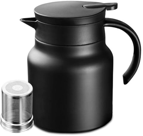 Peelanmall 1L Thermoskanne Kleine Thermoskanne Doppelwandingem Edelstahl Isolierkanne mit Verbrühungsschutz Schwarz Teekanne für Heißen Kaffee und Tee Perfekt für Travel, Zuhause, Büro