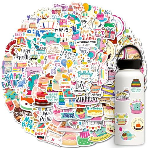 Acuiwer 100PCS Happy Birthday Adesivi Cartoon Bambini Adesivi per Bottiglie D'acqua Snowboard Laptop Bagagli Moto Bicicletta Frigorifero Bambini Adolescenti