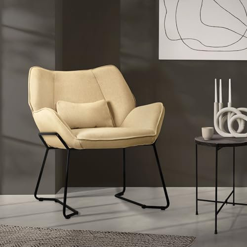 ML-Design Loungesessel Sand, Relaxsessel mit Leinenbezug und schwarzen Metallbeine, Wohnzimmerstuhl mit Armlehne und Rückenlehne, Polsterstuhl mit Kissen, Ohrensessel ergonomisch, Einzelsofa modern