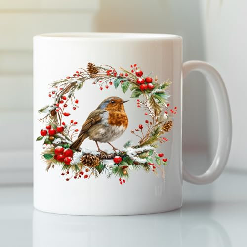 Christmas Mug - Festive Design - Robin Holly Wreath Floral Ring Gift Tea Coffee Mug Gift for Christmas Day. (11oz)