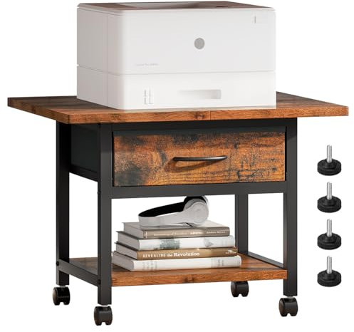 Forthcan 2 Tier Desktop Printer Stand with Storage Drawer, Under Desk Table, Multi-Purpose Desk Organizer Storage Shelf With Wheels - Rustic Brown and Black