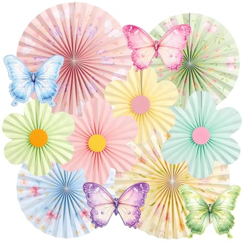 Butterfly Garden Paper Fan Decorations, Pastel Colors, Party Decor Set with Floral Designs