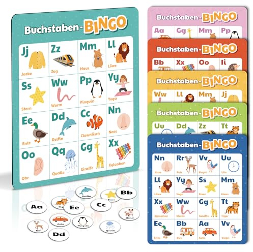 BIROYAL ABC Bingo Spiel Kinder ab 4 5 6 Jahre - Buchstaben Lernspiel für Schulanfänger - Lernspiel 1. Klasse - Gesellschaftsspiel Kinder - Einschulung Geschenk - Lernspielzeug