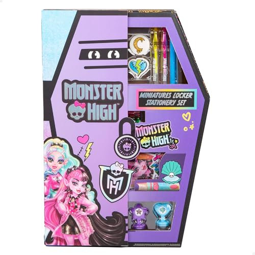 ColorBaby Monster High 77515 Schreibset für Schrank, Federmäppchen mit Bleistiften, Stiften, Stempeln und Aufklebern, Schulmaterial für Kinder