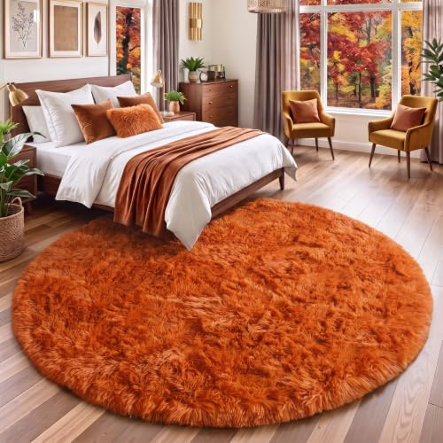 Amdrebio Runder Teppich für Schlafzimmer, Wohnzimmer, flauschig, flauschig, zottelig, pelzig, Kreis, für Kinderzimmer, Dekoration, ästhetisch, niedlicher Plüsch, Zottel, dunkelorange, Teppich für