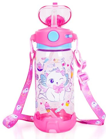PinkSheep Kids Water Bottle with Straw/Lanyard 650ml BPA Free Child Drinking Water Bottle Leak-Proof Locking Flip Lid for Kids Girls Boys School Sport Travel (Cat)
