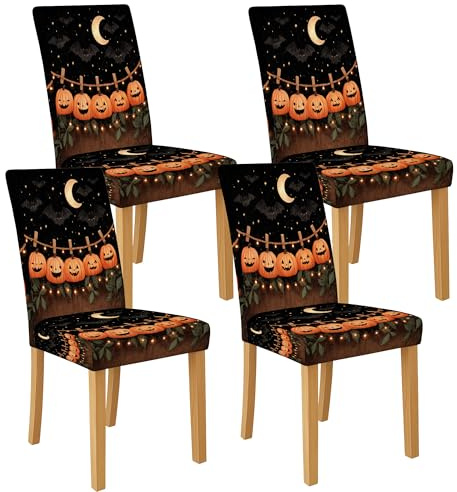 Halloween-Kürbis-Stuhlhussen für Esszimmerstühle, dehnbares und waschbares Spandex-Sitzschutz, festliche dekorative Schonbezüge für Herbst-Heimdekoration, 4 Stück