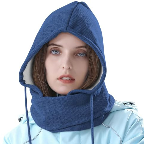 Rayson Bonnet Cagoule Femme Hiver Tricot en Polaire Capuche Echarpe Amovible Thermique Chapeau Homme avec Cordon de Serrage Légère pour Sports Ski Outdoor