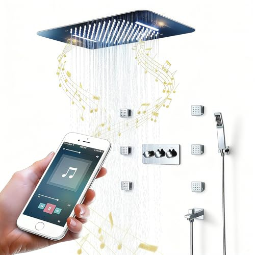 Colonna Doccia, Sistema doccia, Set Doccia Bluetooth Music, Doccia a Pioggia Colonna, kit Doccia Incasso con Doccetta, 6 getti idromassaggio e uscita acqua inferiore, in acciaio inox