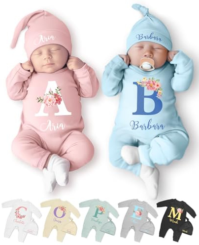Babykleidung mit individuellem Namen, Outfit und Mütze, Set für Jungen und Mädchen, 0-6 Monate, personalisiertes Geschenk