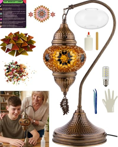 DEMMEX Farbe Wählbar – DIY Mosaik-Tischlampe Bastelset – Türkisch-Marokkanischer Stil – Gestalten Sie Ihre eigene Lampe mit Glassteinen & Werkzeug, Kein Verfugen nötig