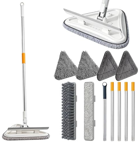 Dreieckiger Mop, Wischmopp, Reinigung Mopp mit Langer Griff, 360 Grad mit 4 Ersatz Mikrofaser Chenille Pad, Wäscher Mikrofaser Mopp für Fenster/Hartholz/Fliesen/Bäder/Boden/Wand(Blau)