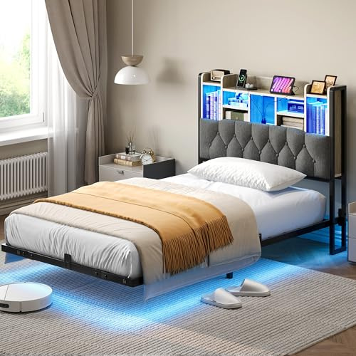 YITAHOME Bettgestell LED mit Kopfteil grau ohne Matratze 120X200CM | LED-Beleuchtung USB-Ladestation inkl Kopfteil schwebendes Design Metallrahmen Stoffbezug