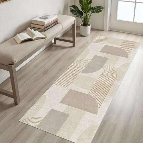 RJHDJSA Küchenteppiche läufer - Teppich 60x150 cm, Geometrisch Läufer Flur rutschfest, Abstrakt Streifen Teppich Küche Waschbar rutschfest, Extra Dünn Weich Cremefarben Bettvorleger für Schlafzimmer