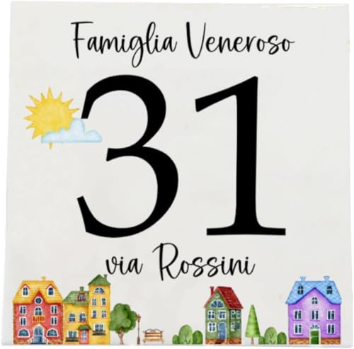 Numero Civico in Ceramica Personalizzabile, Targa Decorativa su Mattonella 11x11cm, Numeri Civici Esterno con Indirizzo e Nome Famiglia, Made in Italy, Stile Moderno