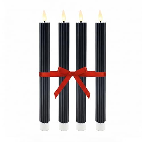 Relaxdays LED Stabkerzen, 4er Set, HxD: 25 x 2 cm, flackernde Flamme, Echtwachs, Rillen, flammenlose Kerzen, schwarz