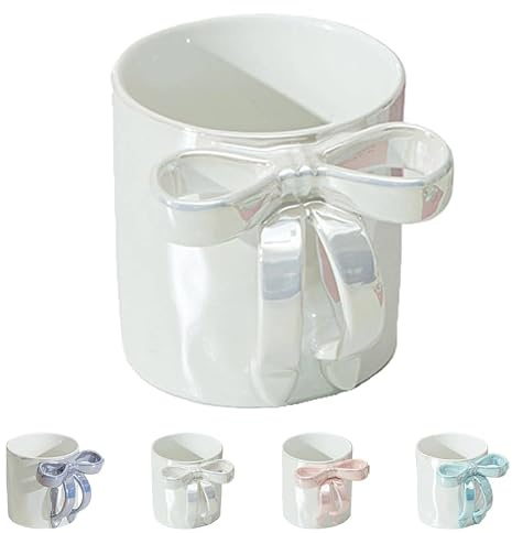OmniVeyi 12oz 3D Bow Handle Ceramic Mug, Charming Ribbon Coffee Tea Cup with Gift Box, Elegant Cute Mugs for Women, Ideal Birthday Christmas Presents (White)