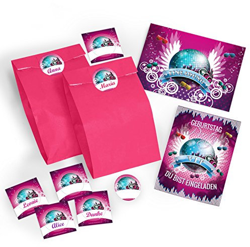 JuNa-Experten 12 Einladungskarten Geburtstag VIP incl. 12 Umschläge, 12 Tüten, 12 Aufkleber/Mädchen/Erwachsene/Kindergeburtstag/Geburtstag/Umschlag/Disco-Party