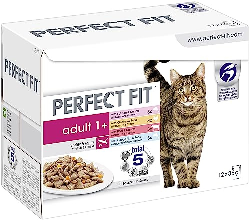 PERFECT FIT Wet Cat Food Advanced Nutrition for Adult Cats 1+, Mixed Selection in Sauce, 12 Pouches (12 x 85 g)