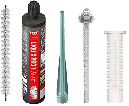 TOX Schwerlast Befestigungsset M8 Verbundmörtel Liquix Pro 1 styrolfrei 280 ml + 2 Gewindestange M8/110 Stix-VZ + 2 Siebhülse 12/50 Liquix Sleeve + Zylinderbürste