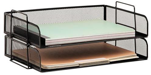 Mind Reader Stackable Paper Tray, Desktop Organizer, File Storage, Office, Metal Mesh, 2 Pcs., Black