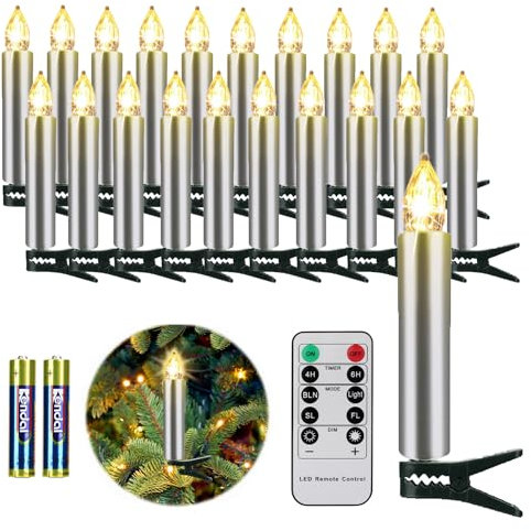 FREEPOWER 20er Silber LED Kerzen Weihnachtskerzen Kabellos mit Fernbedienung Timer Flackern Warmweiß Weihnachtsbaumkerzen Wasserdicht für Außen Innen Weihnachten Beleuchtung(mit 20 Batterien)