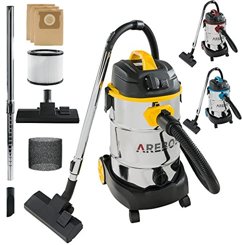 Arebos Industriestaubsauger 1600W | Nass- & Trockensauger | Aschesauger für Kamin & Grill | Mehrzwecksauger Wasser-Staubsauger | Werkstattsauger mit und ohne Beutel | 30 L Behälter | Gelb