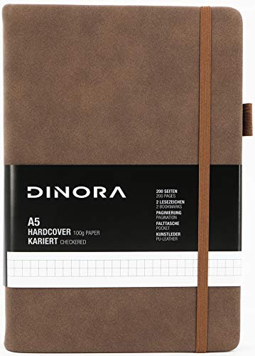 Dinora® Notizbuch A5 Hardcover - Kariert - PU Leder - 200 nummerierte Seiten - 100g Avery Papier - Braun