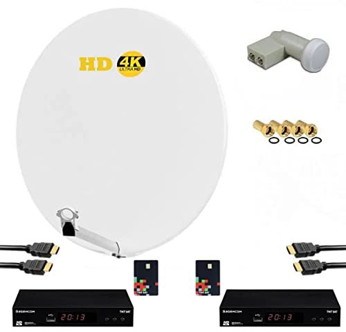 KIT Parabole Satellite HD4K Fibre Blanche 85CM + LNB Twin + 2X RÉCEPTEURS TV DS81 HD TNTSAT avec Carte