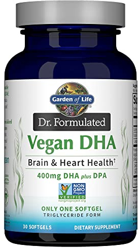 Garden of Life Omega 3 Vegan DHA Supplements Dr. Formulated Vegan DHA, 400mg DHA & 90mg DPA in Triglyceride Form from a Single Source, Omega 3 Supplement for Women's and Men's Health, 30 Softgels